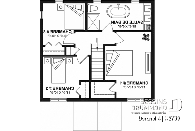Étage - Plan de maison transitionnelle, cuisine avec comptoir-lunch, buanderie au r-d-c, 3 chambres, économique  - Duranel 4