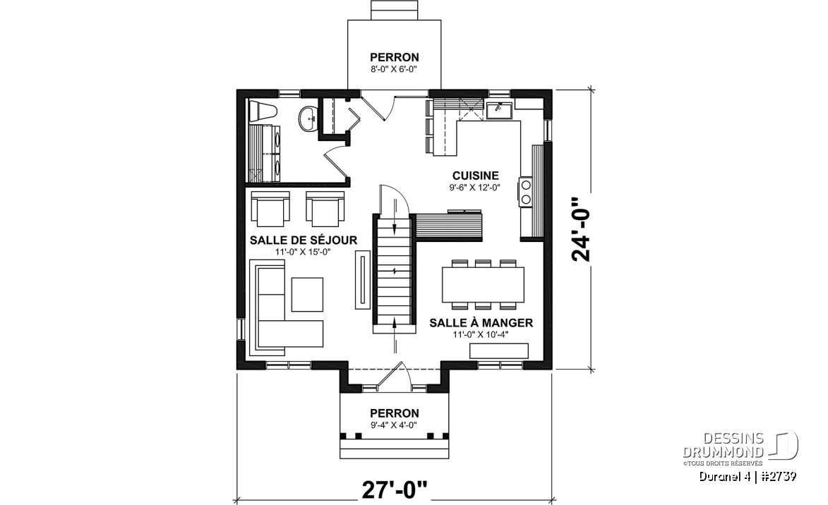Rez-de-chaussée - Plan de maison transitionnelle, cuisine avec comptoir-lunch, buanderie au r-d-c, 3 chambres, économique  - Duranel 4