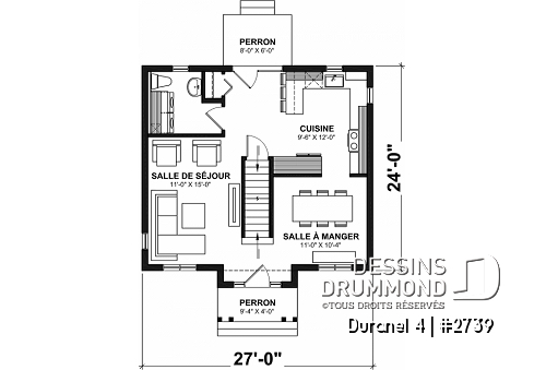Rez-de-chaussée - Plan de maison transitionnelle, cuisine avec comptoir-lunch, buanderie au r-d-c, 3 chambres, économique  - Duranel 4