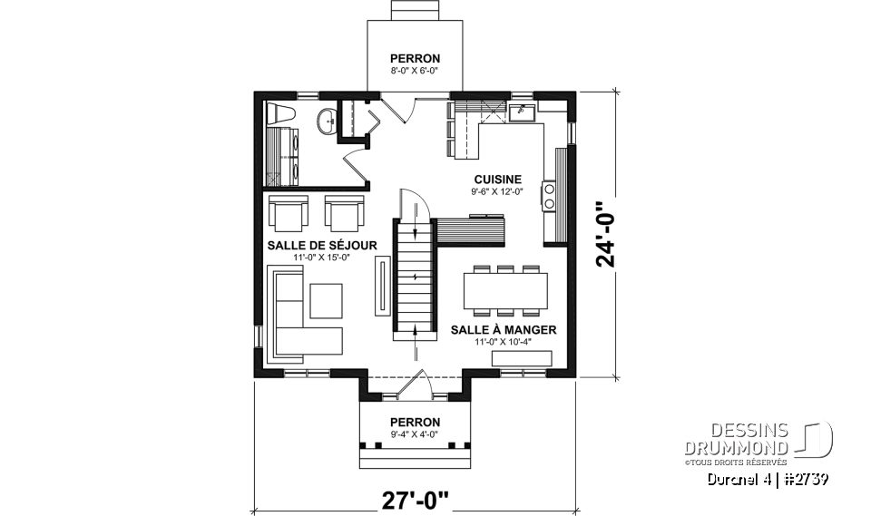 Rez-de-chaussée - Plan de maison transitionnelle, cuisine avec comptoir-lunch, buanderie au r-d-c, 3 chambres, économique  - Duranel 4
