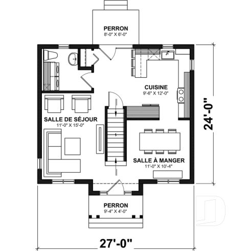 Rez-de-chaussée - Plan de maison transitionnelle, cuisine avec comptoir-lunch, buanderie au r-d-c, 3 chambres, économique  - Duranel 4