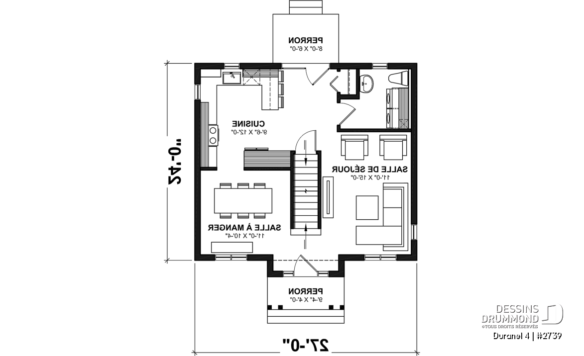 Rez-de-chaussée - Plan de maison transitionnelle, cuisine avec comptoir-lunch, buanderie au r-d-c, 3 chambres, économique  - Duranel 4