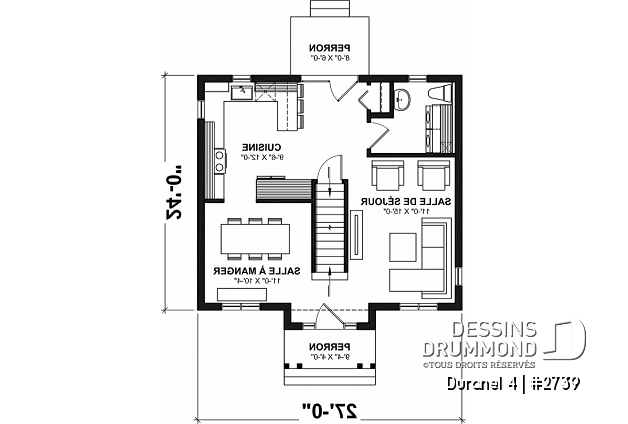 Rez-de-chaussée - Plan de maison transitionnelle, cuisine avec comptoir-lunch, buanderie au r-d-c, 3 chambres, économique  - Duranel 4