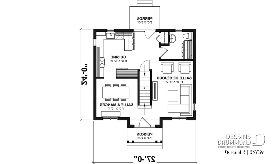 Rez-de-chaussée - Plan de maison transitionnelle, cuisine avec comptoir-lunch, buanderie au r-d-c, 3 chambres, économique  - Duranel 4