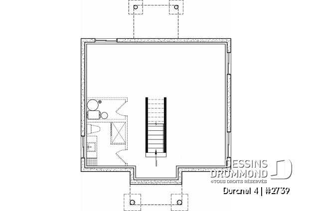 Sous-sol aménageable du plan de maison unifamiliale 2739 Sous-sol aménageable - Plan de maison transitionnelle, cuisine avec comptoir-lunch, buanderie au r-d-c, 3 chambres, économique - Duranel 4