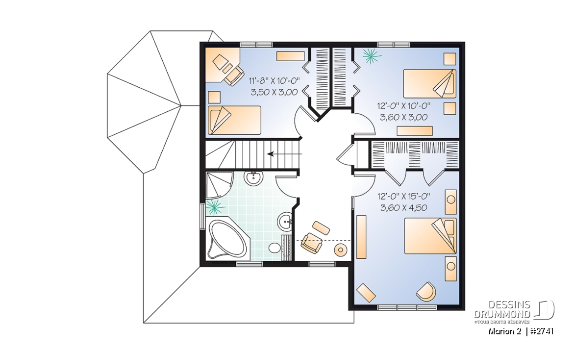 Étage - Plan de cottage 3 chambres, bureau à domicile, vestibule fermé, buanderie au rdc, ìlot à la cuisine - Marion 2 