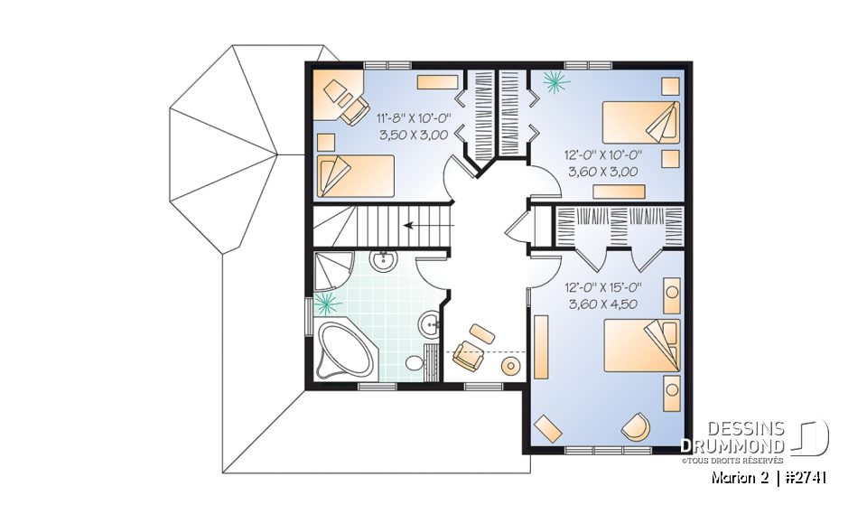 Étage - Plan de cottage 3 chambres, bureau à domicile, vestibule fermé, buanderie au rdc, ìlot à la cuisine - Marion 2 