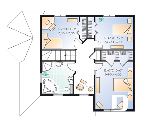 Étage - Plan de cottage 3 chambres, bureau à domicile, vestibule fermé, buanderie au rdc, ìlot à la cuisine - Marion 2 