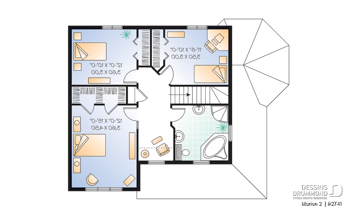 Étage - Plan de cottage 3 chambres, bureau à domicile, vestibule fermé, buanderie au rdc, ìlot à la cuisine - Marion 2 