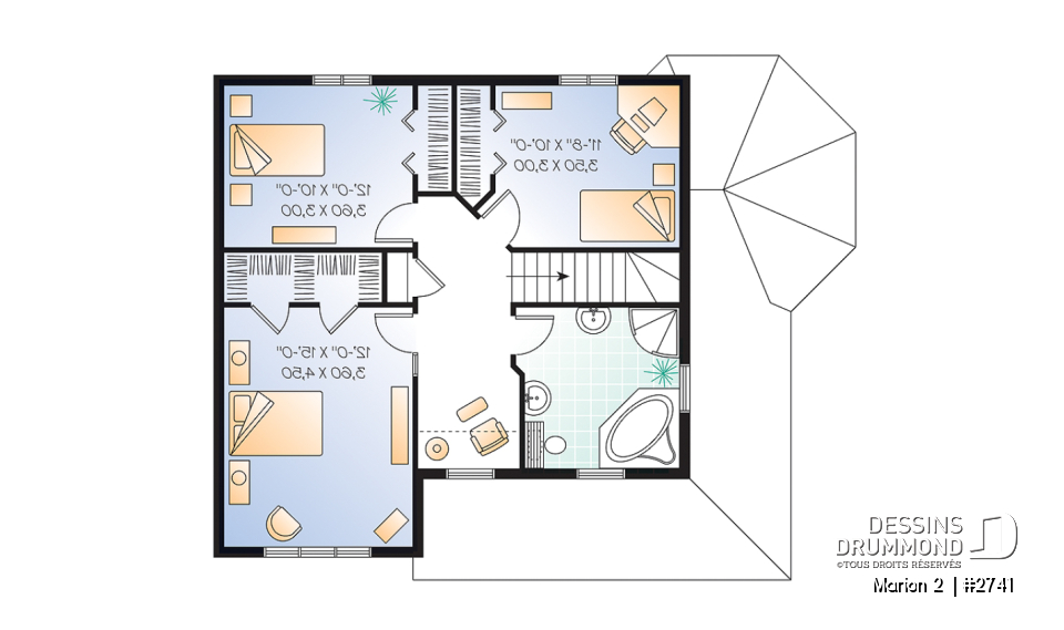 Étage - Plan de cottage 3 chambres, bureau à domicile, vestibule fermé, buanderie au rdc, ìlot à la cuisine - Marion 2 