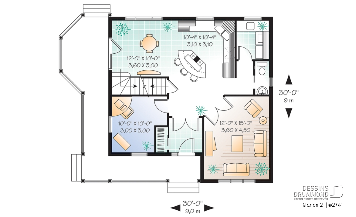 Rez-de-chaussée - Plan de cottage 3 chambres, bureau à domicile, vestibule fermé, buanderie au rdc, ìlot à la cuisine - Marion 2 