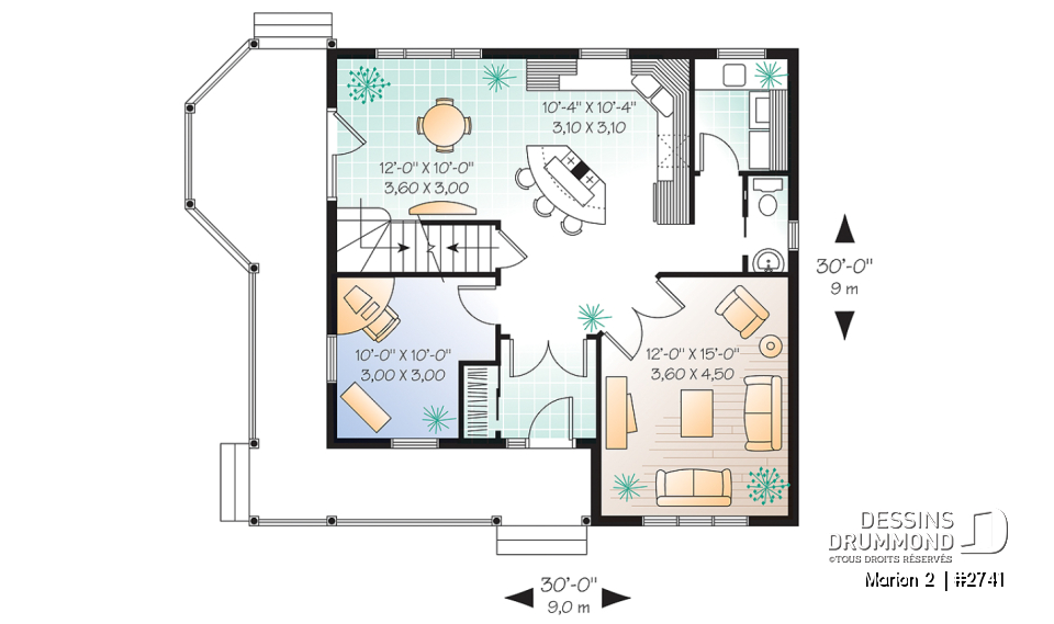 Rez-de-chaussée - Plan de cottage 3 chambres, bureau à domicile, vestibule fermé, buanderie au rdc, ìlot à la cuisine - Marion 2 