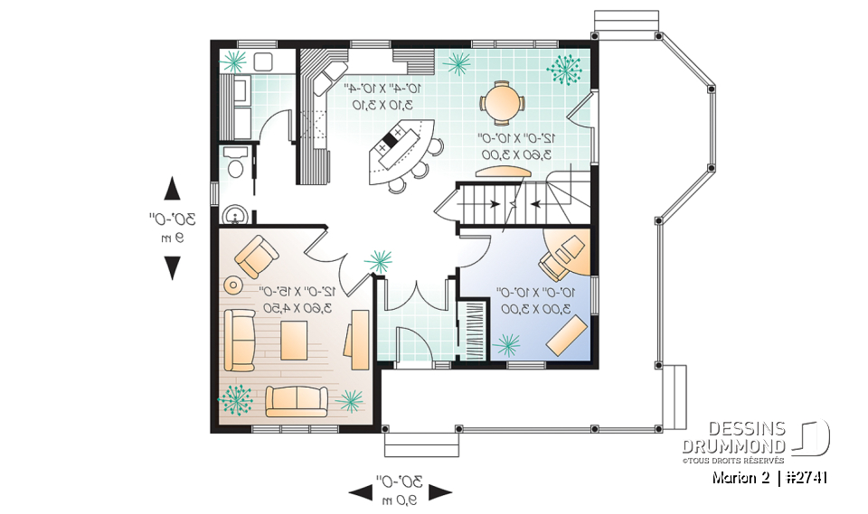 Rez-de-chaussée - Plan de cottage 3 chambres, bureau à domicile, vestibule fermé, buanderie au rdc, ìlot à la cuisine - Marion 2 