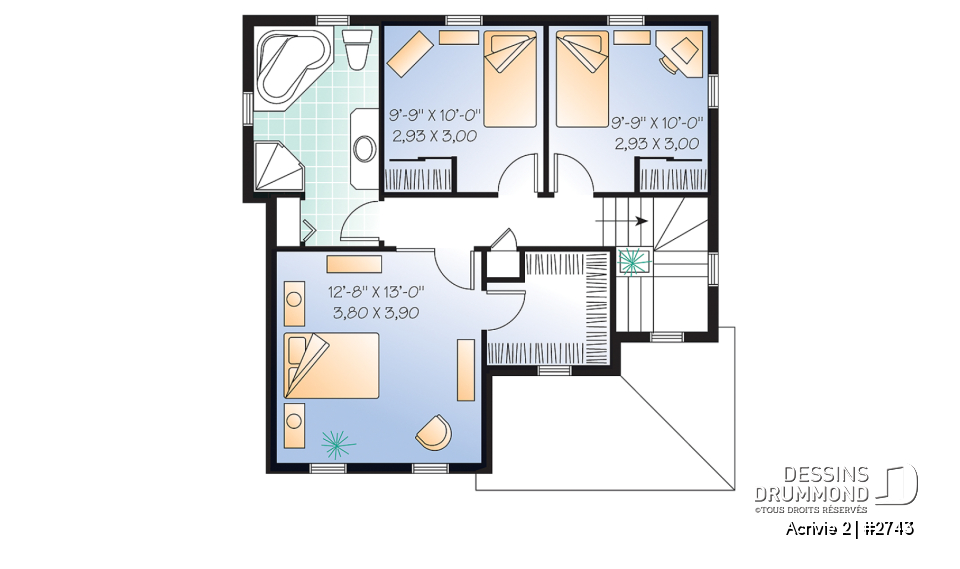 Étage - Plan d'un Cottage de 3 chambres avec galerie arbitrée, îlot à la cuisine et salle de lavage au 1er - Acrivie 2
