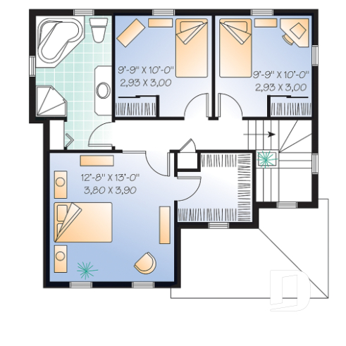 Étage - Plan d'un Cottage de 3 chambres avec galerie arbitrée, îlot à la cuisine et salle de lavage au 1er - Acrivie 2