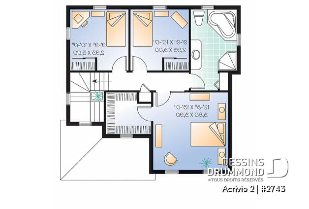 Étage - Plan d'un Cottage de 3 chambres avec galerie arbitrée, îlot à la cuisine et salle de lavage au 1er - Acrivie 2