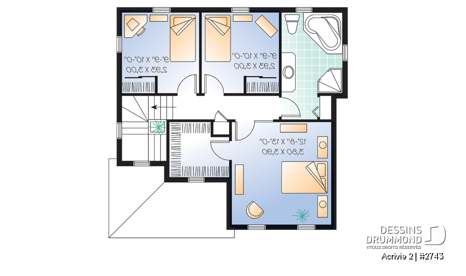 Étage - Plan d'un Cottage de 3 chambres avec galerie arbitrée, îlot à la cuisine et salle de lavage au 1er - Acrivie 2