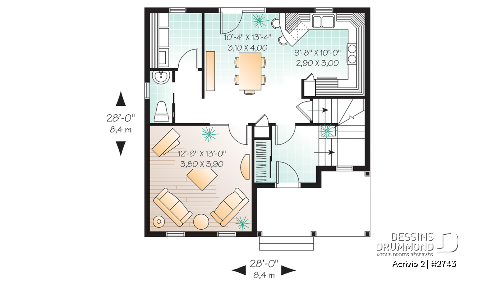 Rez-de-chaussée - Plan d'un Cottage de 3 chambres avec galerie arbitrée, îlot à la cuisine et salle de lavage au 1er - Acrivie 2