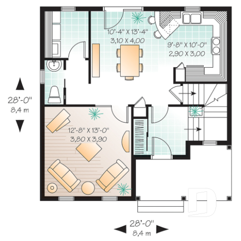 Rez-de-chaussée - Plan d'un Cottage de 3 chambres avec galerie arbitrée, îlot à la cuisine et salle de lavage au 1er - Acrivie 2