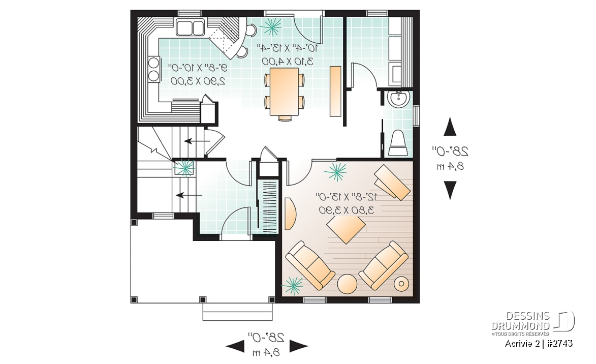 Rez-de-chaussée - Plan d'un Cottage de 3 chambres avec galerie arbitrée, îlot à la cuisine et salle de lavage au 1er - Acrivie 2