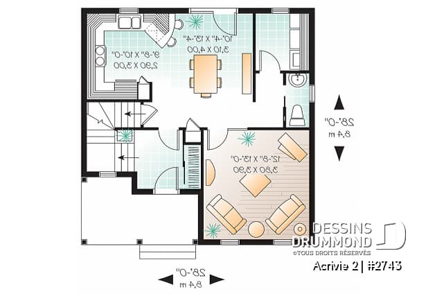 Rez-de-chaussée - Plan d'un Cottage de 3 chambres avec galerie arbitrée, îlot à la cuisine et salle de lavage au 1er - Acrivie 2
