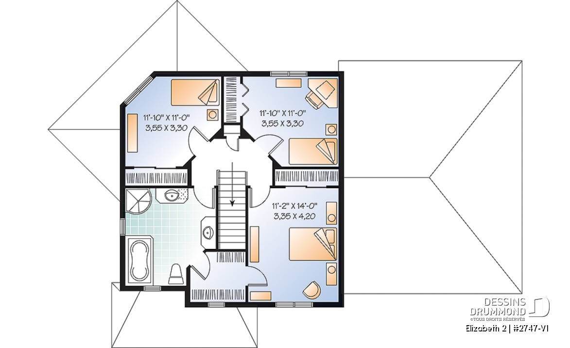 Étage - Plan de maison de style colonial, 3 chambres, grande salle de séjour à aire ouverte, garage double - Elizabeth 2