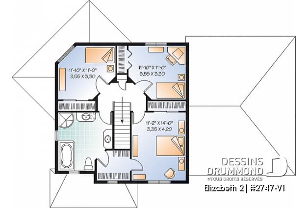 Étage - Plan de maison de style colonial, 3 chambres, grande salle de séjour à aire ouverte, garage double - Elizabeth 2