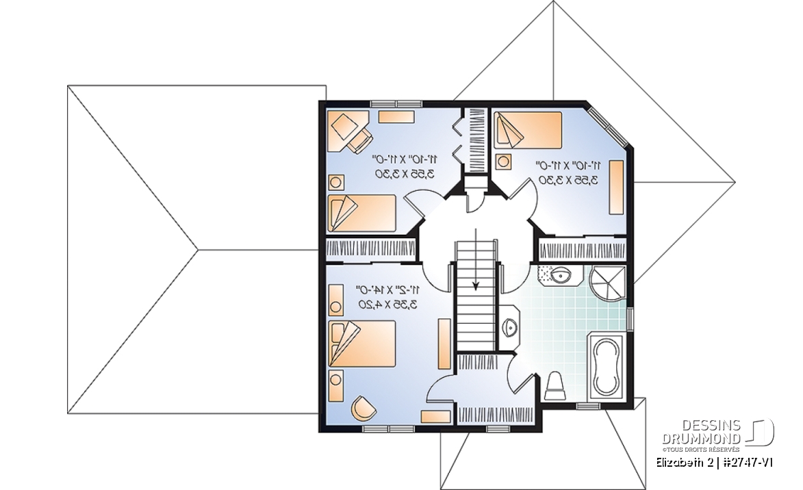 Étage - Plan de maison de style colonial, 3 chambres, grande salle de séjour à aire ouverte, garage double - Elizabeth 2