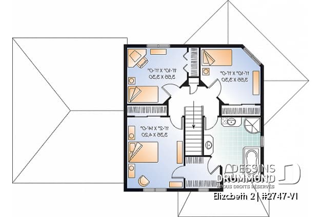 Étage - Plan de maison de style colonial, 3 chambres, grande salle de séjour à aire ouverte, garage double - Elizabeth 2