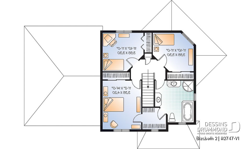 Étage - Plan de maison de style colonial, 3 chambres, grande salle de séjour à aire ouverte, garage double - Elizabeth 2