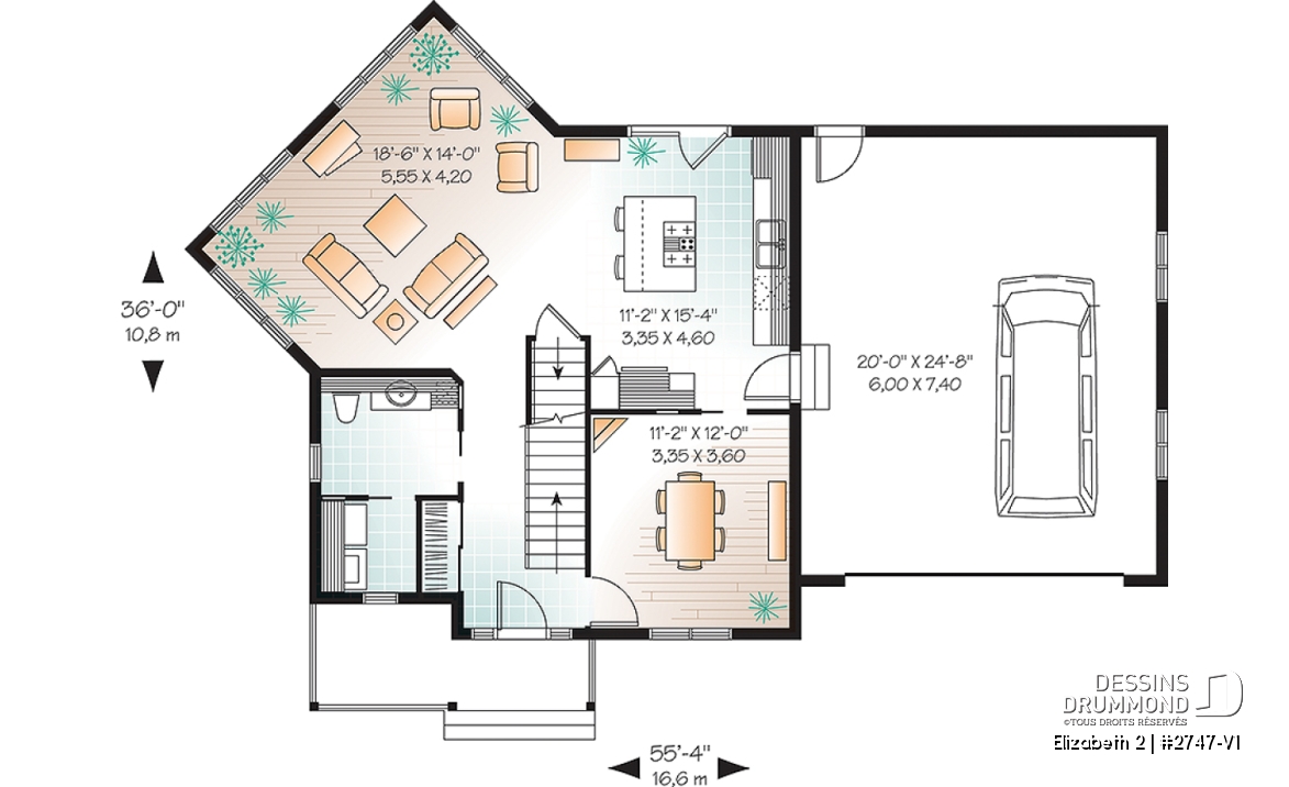 Rez-de-chaussée - Plan de maison de style colonial, 3 chambres, grande salle de séjour à aire ouverte, garage double - Elizabeth 2