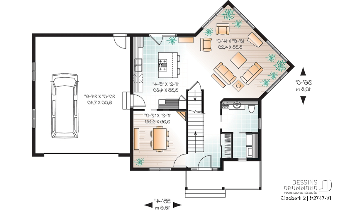 Rez-de-chaussée - Plan de maison de style colonial, 3 chambres, grande salle de séjour à aire ouverte, garage double - Elizabeth 2