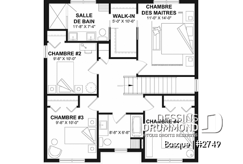 Étage - Plan maison farmhouse moderne 4 chambres, plafond 9' au r-d-c, garde-manger, salle à dîner formelle - Basque