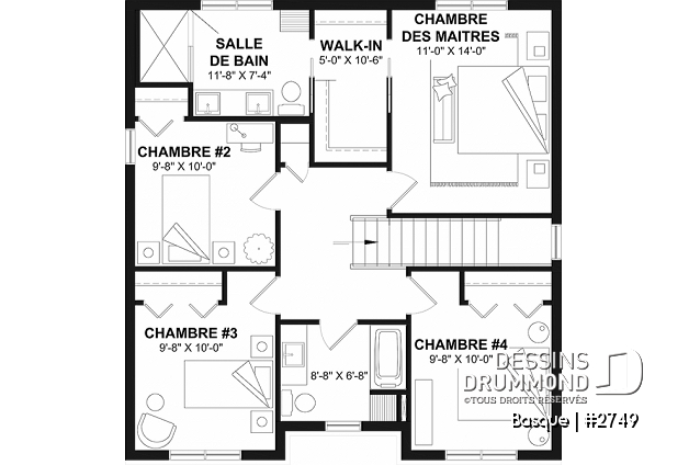 Étage - Plan maison farmhouse moderne 4 chambres, plafond 9' au r-d-c, garde-manger, salle à dîner formelle - Basque