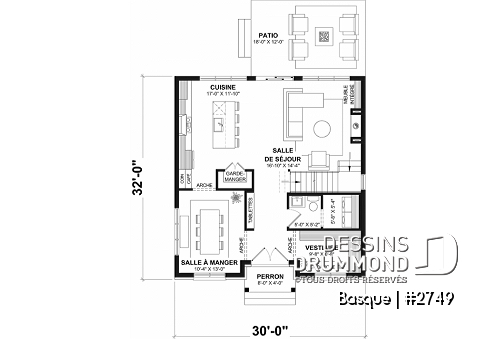 Rez-de-chaussée - Plan maison farmhouse moderne 4 chambres, plafond 9' au r-d-c, garde-manger, salle à dîner formelle - Basque