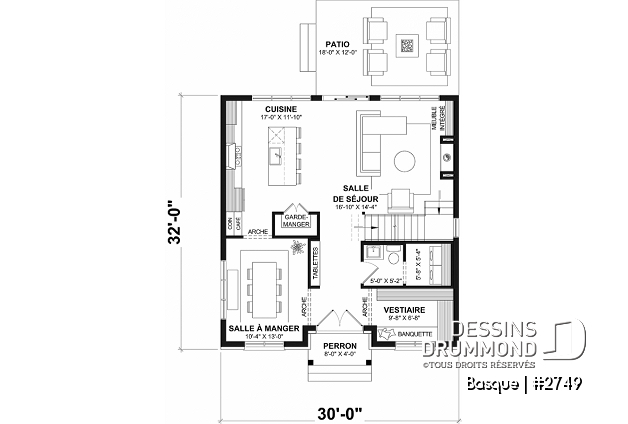 Rez-de-chaussée - Plan maison farmhouse moderne 4 chambres, plafond 9' au r-d-c, garde-manger, salle à dîner formelle - Basque