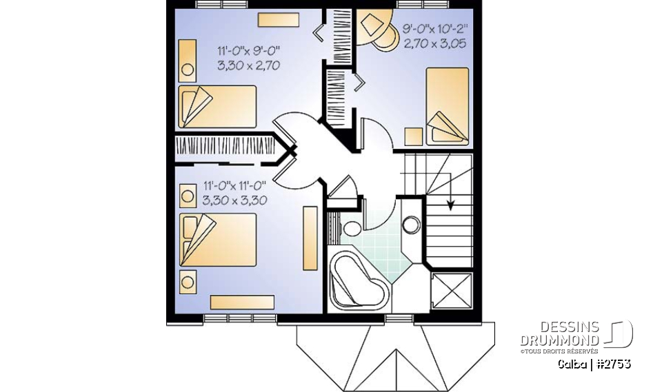 Étage - Plan de maison classique à étage, aire ouverte, 3 chambres, fenestration abondante, Européen - Galba