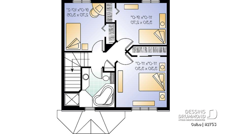 Étage - Plan de maison classique à étage, aire ouverte, 3 chambres, fenestration abondante, Européen - Galba