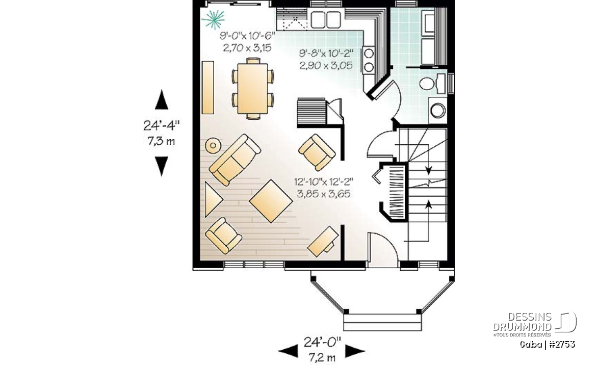 Rez-de-chaussée - Plan de maison classique à étage, aire ouverte, 3 chambres, fenestration abondante, Européen - Galba