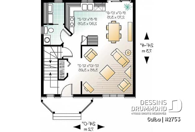 Rez-de-chaussée - Plan de maison classique à étage, aire ouverte, 3 chambres, fenestration abondante, Européen - Galba