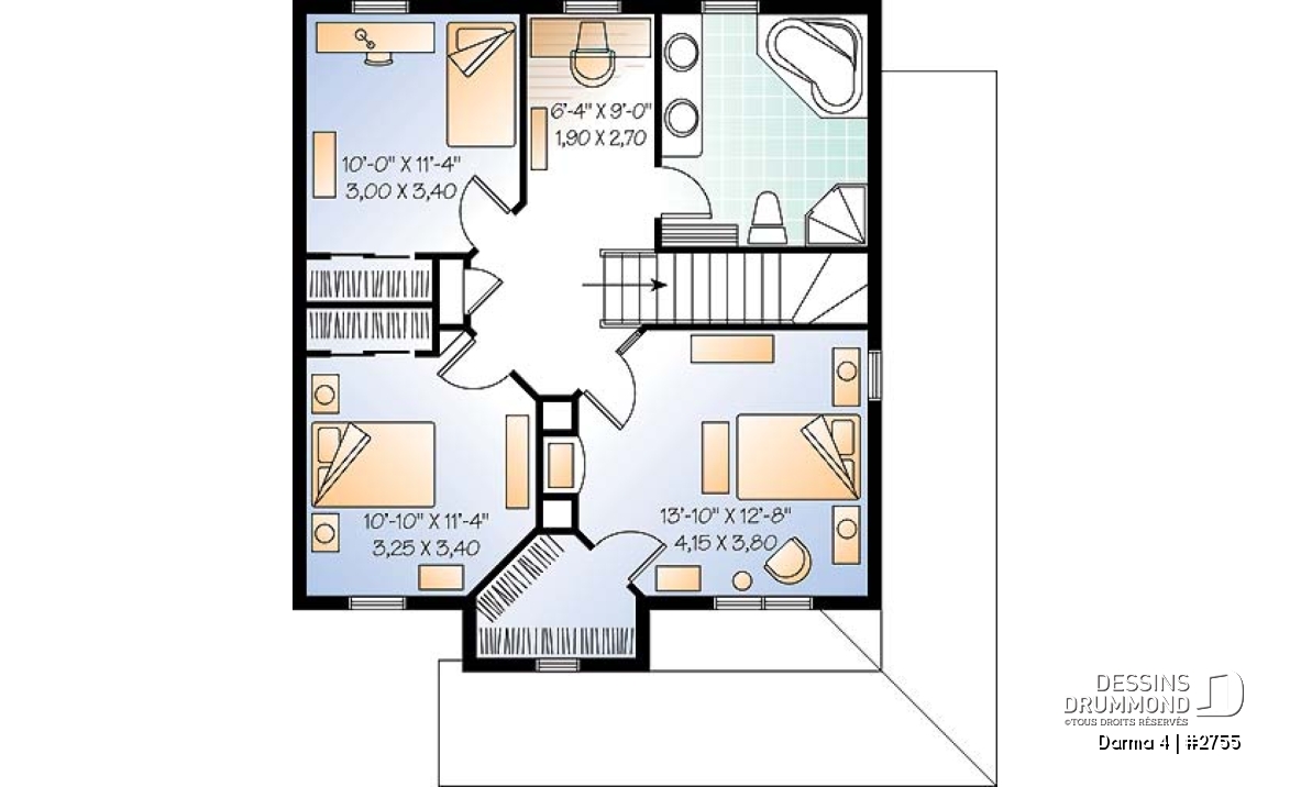 Étage - Plan de maison champêtre américaine, 3 chambres, espace ouvert avec foyer mitoyen - Darma 4