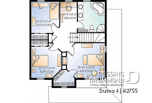 Étage - Plan de maison champêtre américaine, 3 chambres, espace ouvert avec foyer mitoyen - Darma 4