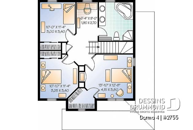 Étage - Plan de maison champêtre américaine, 3 chambres, espace ouvert avec foyer mitoyen - Darma 4