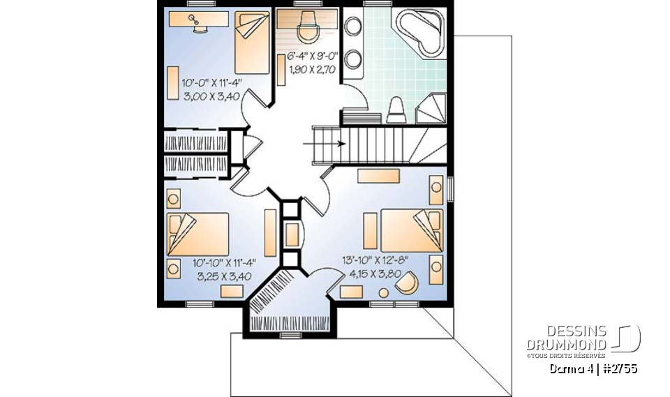 Étage - Plan de maison champêtre américaine, 3 chambres, espace ouvert avec foyer mitoyen - Darma 4