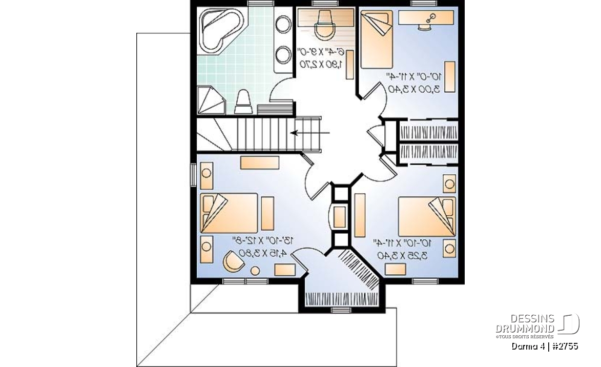 Étage - Plan de maison champêtre américaine, 3 chambres, espace ouvert avec foyer mitoyen - Darma 4