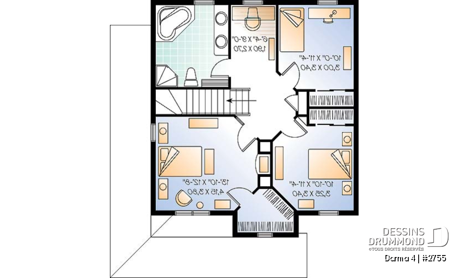 Étage - Plan de maison champêtre américaine, 3 chambres, espace ouvert avec foyer mitoyen - Darma 4