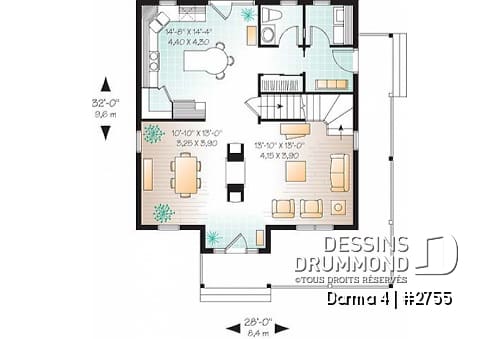 Rez-de-chaussée - Plan de maison champêtre américaine, 3 chambres, espace ouvert avec foyer mitoyen - Darma 4