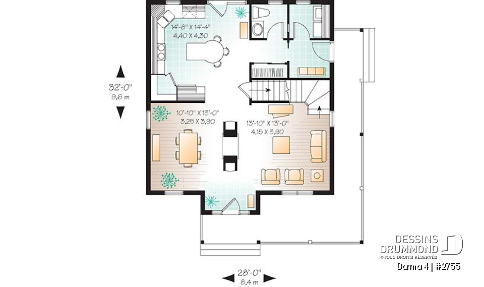 Rez-de-chaussée - Plan de maison champêtre américaine, 3 chambres, espace ouvert avec foyer mitoyen - Darma 4