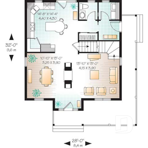 Rez-de-chaussée - Plan de maison champêtre américaine, 3 chambres, espace ouvert avec foyer mitoyen - Darma 4