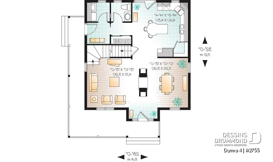 Rez-de-chaussée - Plan de maison champêtre américaine, 3 chambres, espace ouvert avec foyer mitoyen - Darma 4